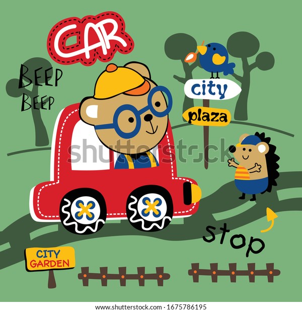 little bear driving a car,funny animal\
cartoon,vector\
illustration