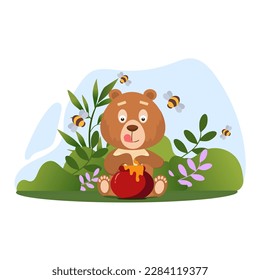 A little bear is eating honey and bees are flying near it. Vector illustration EPS10