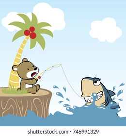 little bear in fishing get shark in the beach on blue sky background, vector cartoon illustration