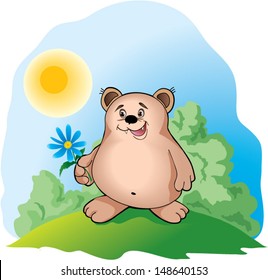 little bear with the flower of camomile on to the meadow