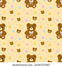 Little bear, flowers , fabric pattern, gift wrapping paper pattern, brown background, ,seamless pattern 