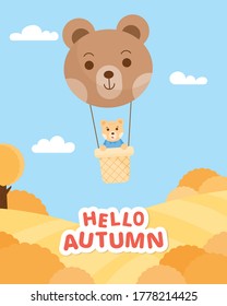 Little bear flying in the air ballon over the autumn forest. Cute cartoon character. Autumn season. Vector illustration.