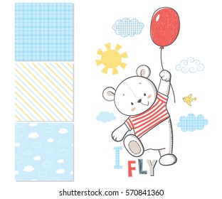 Little Bear is flying in a balloon. Surface design and 3 seamless patterns. Cartoon vector illustration