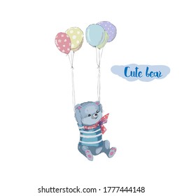 Little bear flying with balloons.
