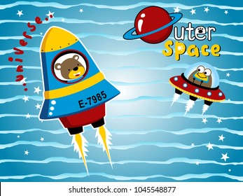 Little bear and funny alien on spacecraft in space. Vector cartoon illustration