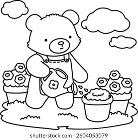 Little bear is gardening, easy coloring for kids, vector, illustration, coloring book, coloring page