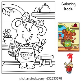 Little bear girl in apron with a barrel of honey and a spoon. Coloring book. Cartoon vector illustration