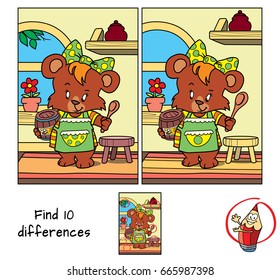 Little bear girl in apron with a barrel of honey and a spoon. Find 10 differences. Educational game for children. Cartoon vector illustration