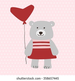 Little bear girl with red heart balloon