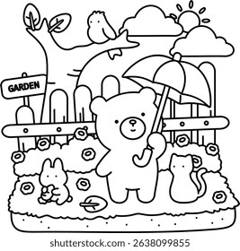 Little Bear goes for a walk in the garden on a sunny day, easy coloring for kids, vector, illustration, coloring book, coloring page, cozy, cute, bold, comfy

