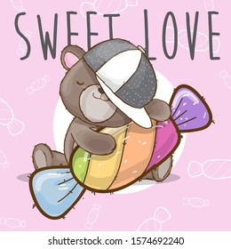 Little bear holding big candy cartoon illustration for kids. Cute bear wearing hat with candy cartoon vector. Brown bear wearing hat holding colorful candy.