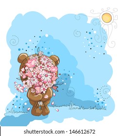 Little bear holding bunch of flowers