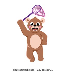 Un oso pequeño sostiene la red para atrapar bichos. Ilustración de dibujos animados de carácter portador.