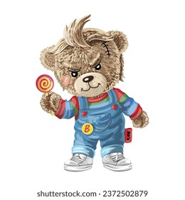 Little Bear holds a lollipop and wears overalls, Design graphics for t-shirts, posters, wallpapers, 
etc.