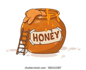 Little Bear With Honey Pot Vector. Small Brown Bear Climbs To Honey Pot Illustration. 