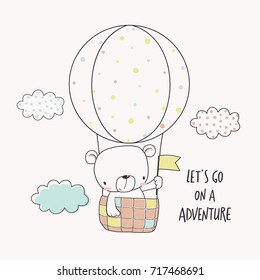 Little bear in a hot air balloon. Cartoon vector illustration for kids. T-shirt graphic for kid's clothing. Use for t shirt template, surface design, fashion wear