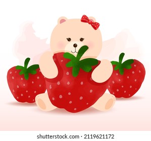 Little Bear hugs red strawberries