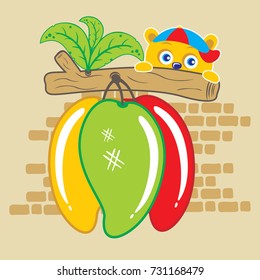 A little bear in the mango tree, on background brick, vector design cute cartoon illustration