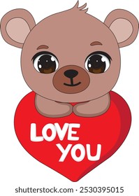 Little bear with message on heart love you valentine vector