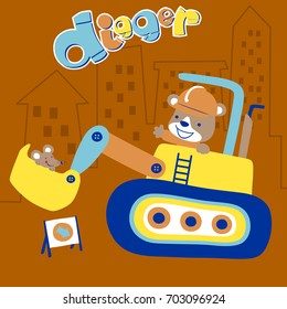 Little bear with mice on construction vehicle, vector cartoon illustration