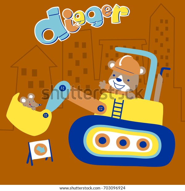 Little bear with mice on a digger,\
construction equipment, vector cartoon\
illustration