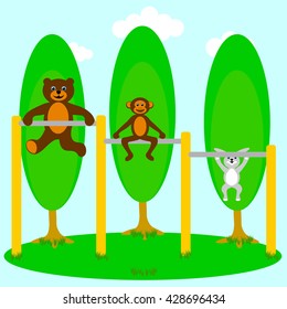 little bear, monkey and rabbit doing exercises on the horizontal bar