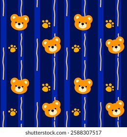 Little bear on blue background, fabric pattern, gift wrapping paper , seamless pattern 