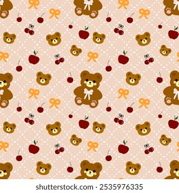 Little bear on a khaki background with white polka dots, cute pattern , seamless pattern 