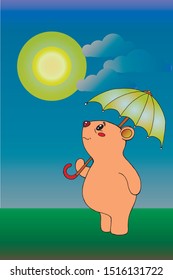 little bear on a meadow with umbrella cartoon character vector image illustration