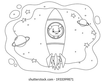 the little bear on the rocket. funny animal cartoon for coloring page, vector illustration