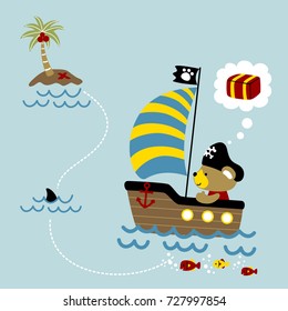little bear on sailboat go to small island, pirate elements, vector cartoon illustration