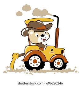 Little bear on tractor, vector cartoon illustration