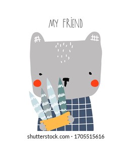 Little bear with plant. Kids cute graphic. Vector hand drawn illustration.