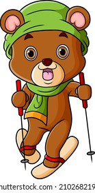 The little bear is playing the ice skating with the stick of illustration