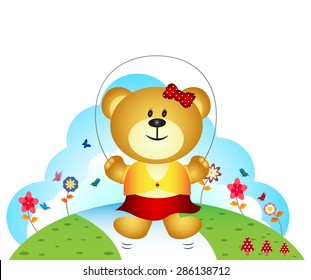 Little bear playing jump rope in the garden