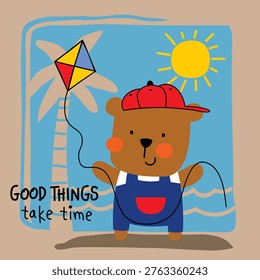 little bear playing kite on the beach