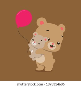 The little bear is playing and lifting the baby bear whose holding the red balloons of illustration