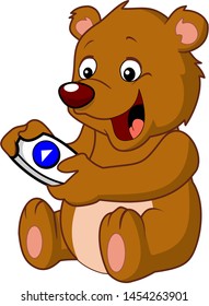 Little bear playing remote vector cartoon illsutration