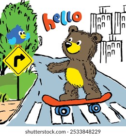 little bear playing skateboard on the street meet the bird, vector illustration