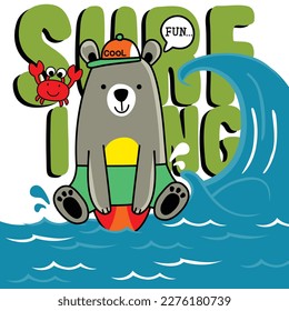 a little bear playing surfing funny animal cartoon