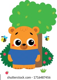 Little bear plays with bees in the forest