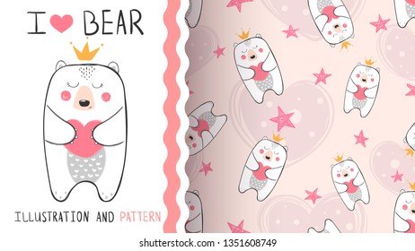 Little bear princess -seamless pattern. Hand draw