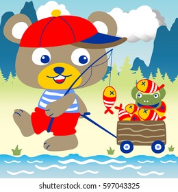 Little bear pulling fishes and frog on cart, back from fishing in river, vector cartoon illustration