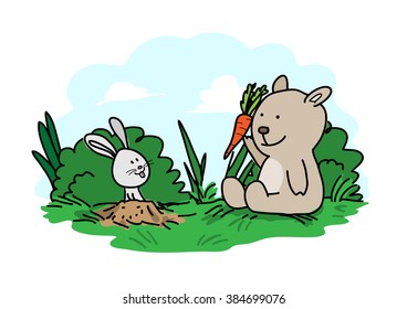 Little Bear & Rabbit  hand drawn vector illustration cute little bear giving carrot to rabbit  main sketch  colors    background elements are separate groups for easy editing 