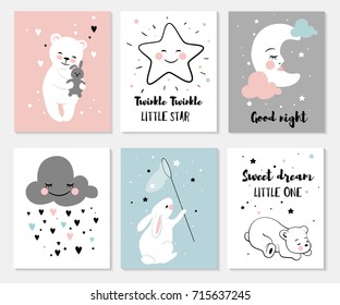 Little bear, rabbit, moon and star, cute characters set, posters for baby room, greeting cards, kids and baby t-shirts and wear