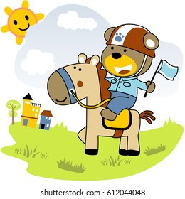 Little bear riding a funny horse in field on blue sky clouds background with smiling sun, vector cartoon illustration