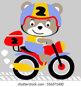 little bear riding motorcycle, vector cartoon illustration