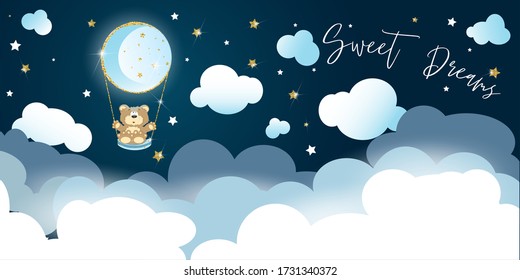 Little Bear Riding On A Moon Swing Between Clouds And Shining Stars. Vector Illustration. Wallpaper For Child's Room.