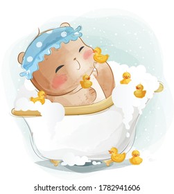 Little Bear and Rubber Ducks in A Bathtub