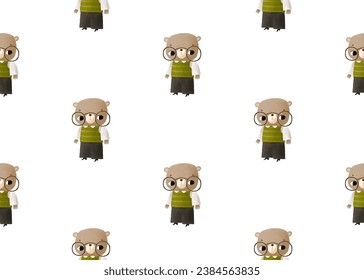A little bear in a school uniform and round glasses studies in elementary school. Cute seamless pattern for kids.